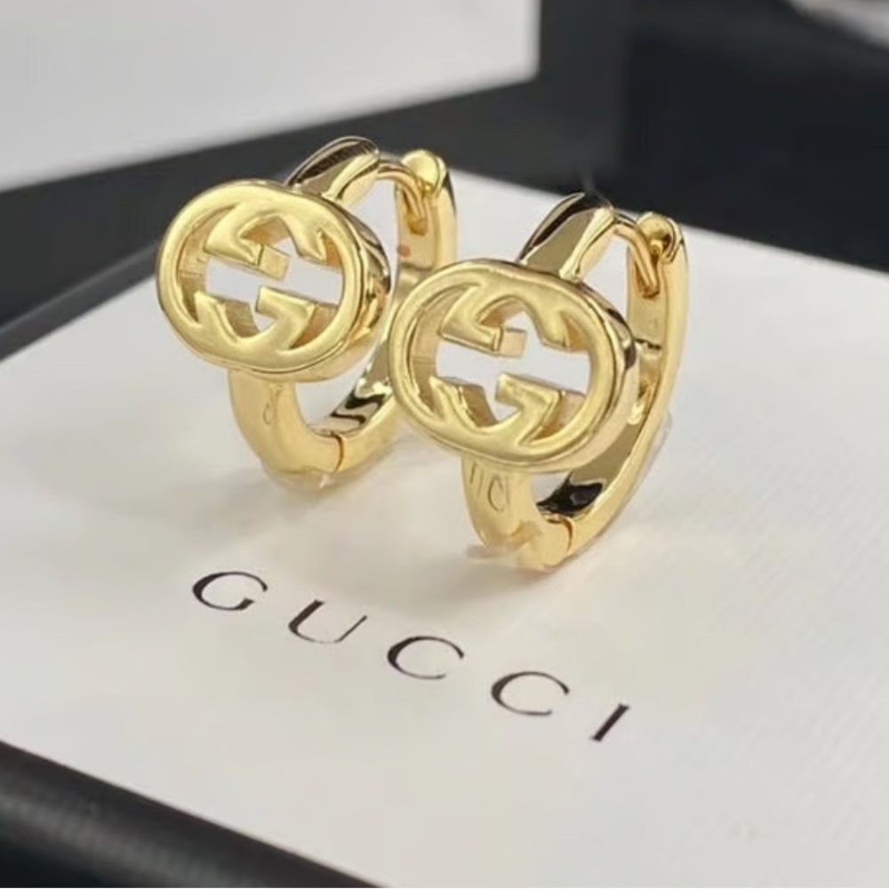 18kt Gold Plated Interlocking Double G Logo Hoop Earrings - Gucci Style